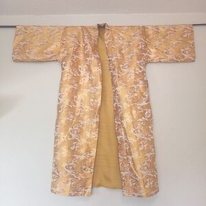 Vintage Silk Handmade Gold with White Cranes Print Lined Bohemian Kimono Robe